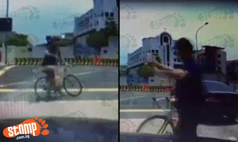 Pai kia cyclist cuts in front of car and blocks driver...before confronting him