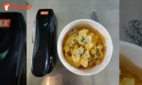 Man disappointed by how small his Mac N Cheese from Popeyes is next to a stapler