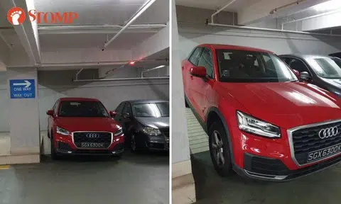 Audi driver parks on ramp at United Square, prevents woman carrying baby and stroller from using it