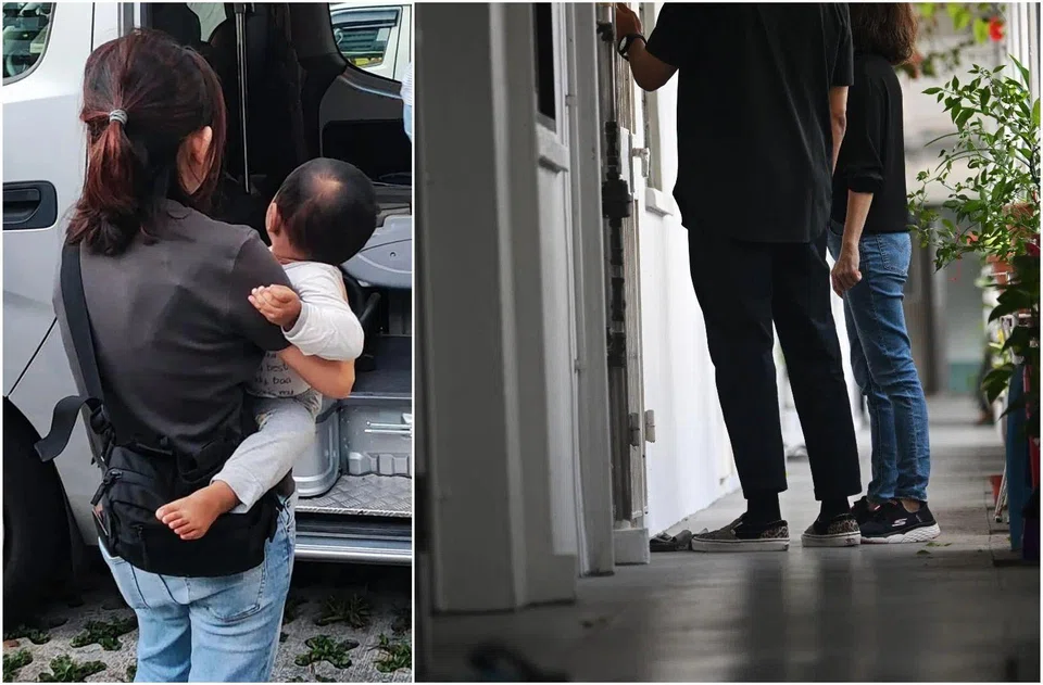 A baby (left) is carried by an inspector after his mother was arrested for consuming drugs in 2024, and CNB officers re-enact a raid.