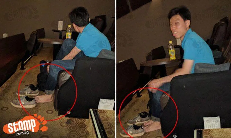 Eh bro, please put on your shoes and socks -- this is a cinema, not your house