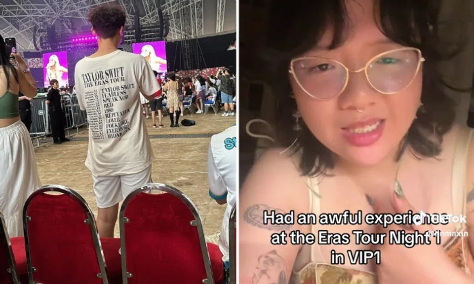 Left: Stomper Amy shared a photo of a man standing in front of a row of chairs at the National Stadium. Right: TikTok user Linmaxin she recounted how people from other sections kept going to her VIP1 section,