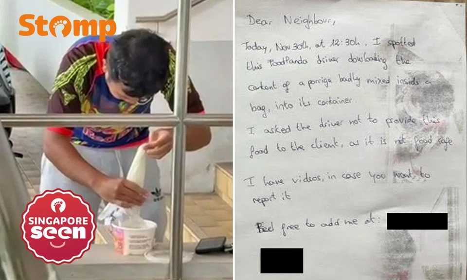 grabfood rider pours spilled porridge back into container