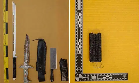 Weapons seized by the police included a samurai sword, two knuckledusters and the stun device. PHOTOS: SPF