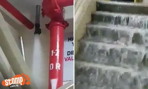 'Waterfall' at Block 406A Woodlands after pipe bursts