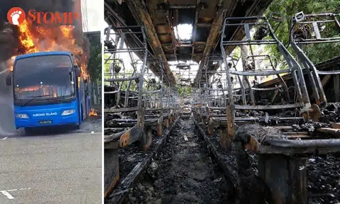 Blazing flames engulf bus at heavy vehicle park in Jurong West