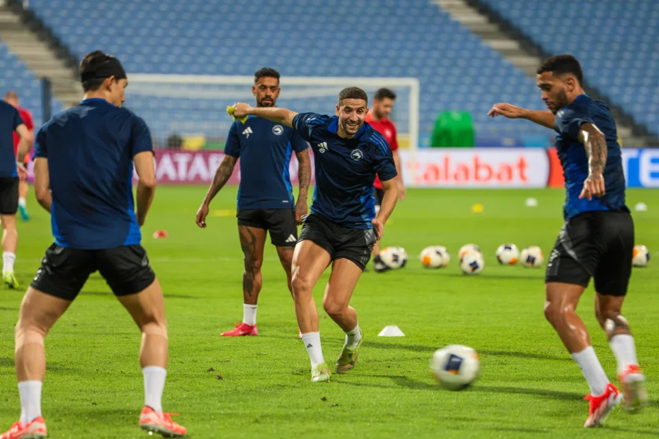 (From left to right): Sharjah FC's Cho Yu-min, Caio Lucas, Adel Taarabt and Luanzinho in action during the team’s training session ahead of the ACL2 final against Lion City Sailors.
