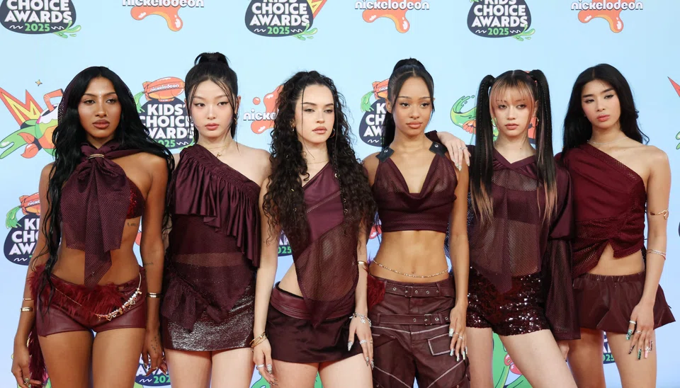 (From left) Lara, Yoonchae, Daniela, Manon, Megan and Sophia of Katseye at the Nickelodeon Kids’ Choice Awards in Santa Monica, California, in June. 
