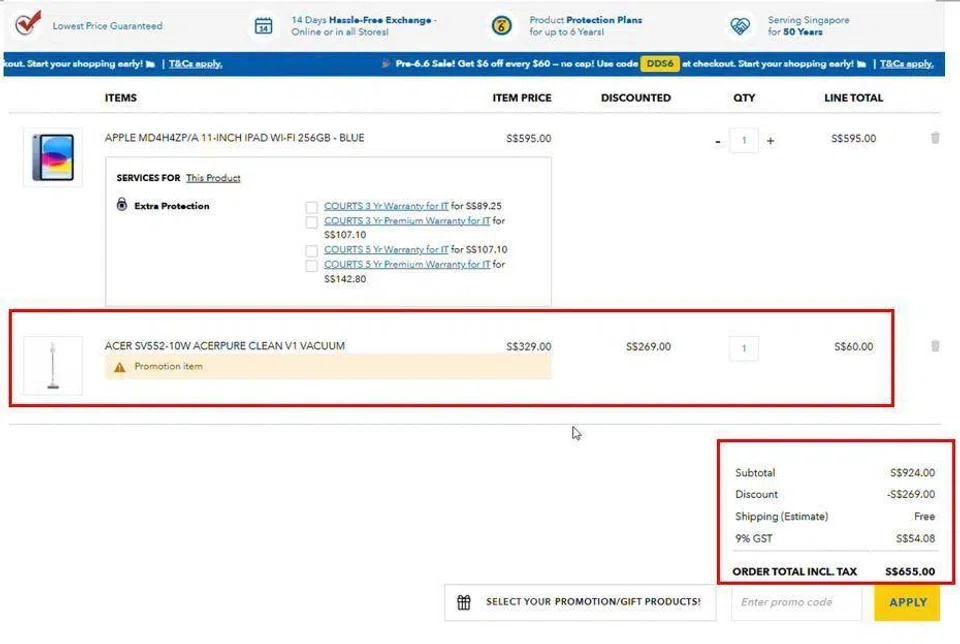 The screenshot shows what the consumer sees when clicking into the cart. The vacuum cleaner is shown as a “Promotion item” (as indicated in the red box in the middle), and its price is included in the order total (as indicated in the red box at the... PHOTO: CCS