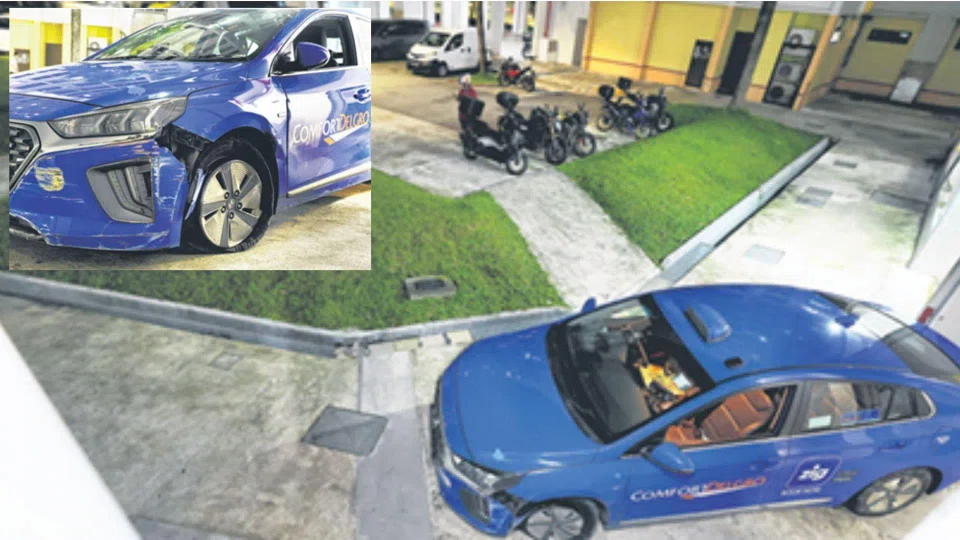 Pictures from the incident showed a ComfortDelGro taxi with a damaged front bumper parked along a walkway.