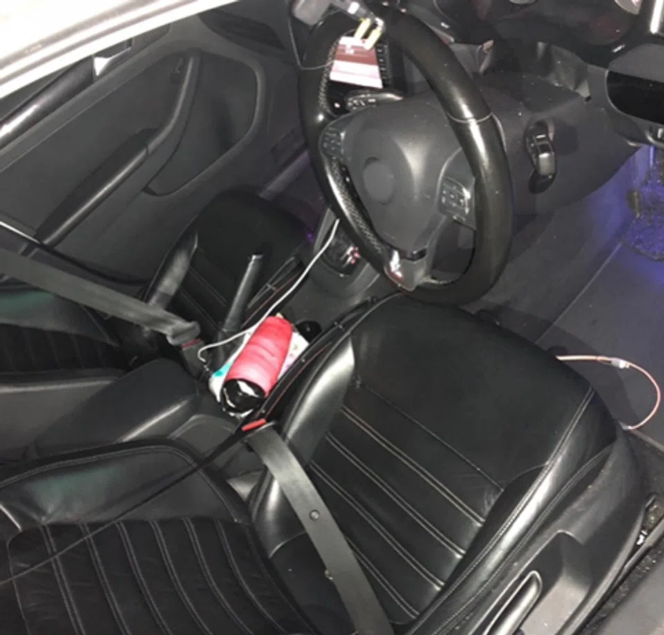 Interior of white Volkswagen.