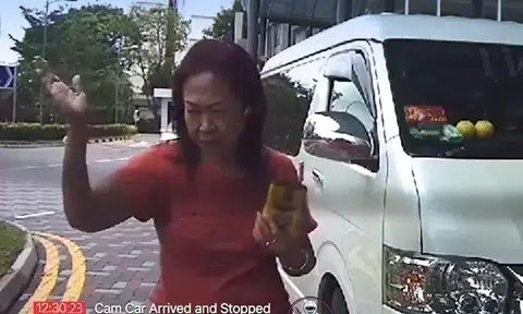 Auntie exits minibus to nag at car driver for stopping at drop-off point to let wife and sick baby alight