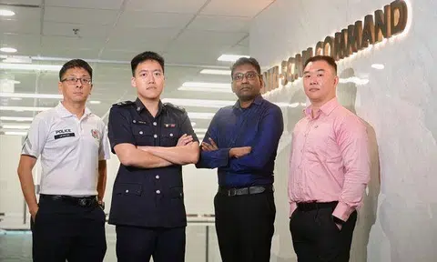 (From left) Assistant Superintendent Kenneth Lim, Officer-in-charge at the Anti-Scam Centre Timothy Ng, senior associate at DBS Anti-Scam Team Uthayakumar Chellappan Silvaraju, and OCBC Anti-Scam Unit investigator Peck Chun Hua. ST PHOTO: AZMI ATHNI