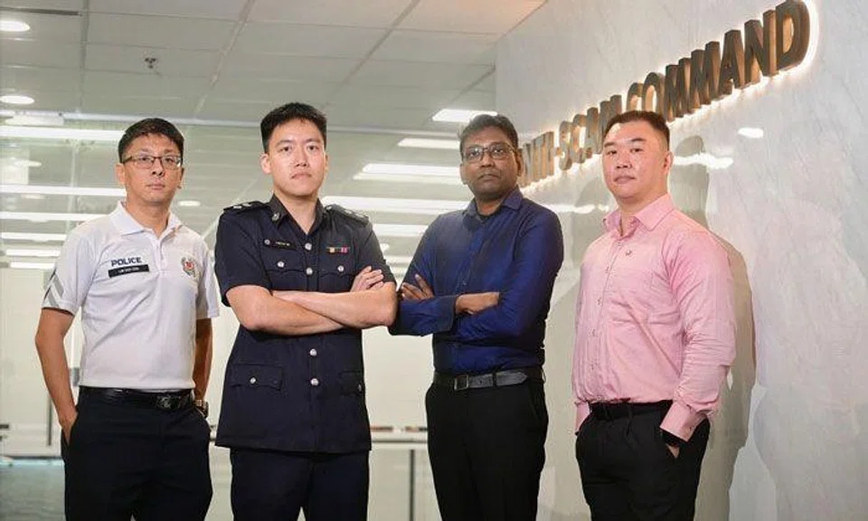 (From left) Assistant Superintendent Kenneth Lim, Officer-in-charge at the Anti-Scam Centre Timothy Ng, senior associate at DBS Anti-Scam Team Uthayakumar Chellappan Silvaraju, and OCBC Anti-Scam Unit investigator Peck Chun Hua. ST PHOTO: AZMI ATHNI