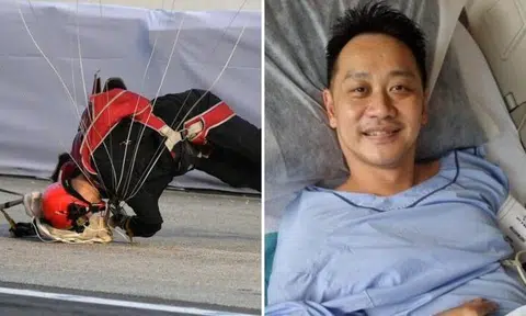 3WO Jeffrey Heng was the last of 10 Red Lions parachutists to land during this year's NDP at the Marina Bay floating platform. He was stretchered off but did not require surgery, and a full recovery was expected.