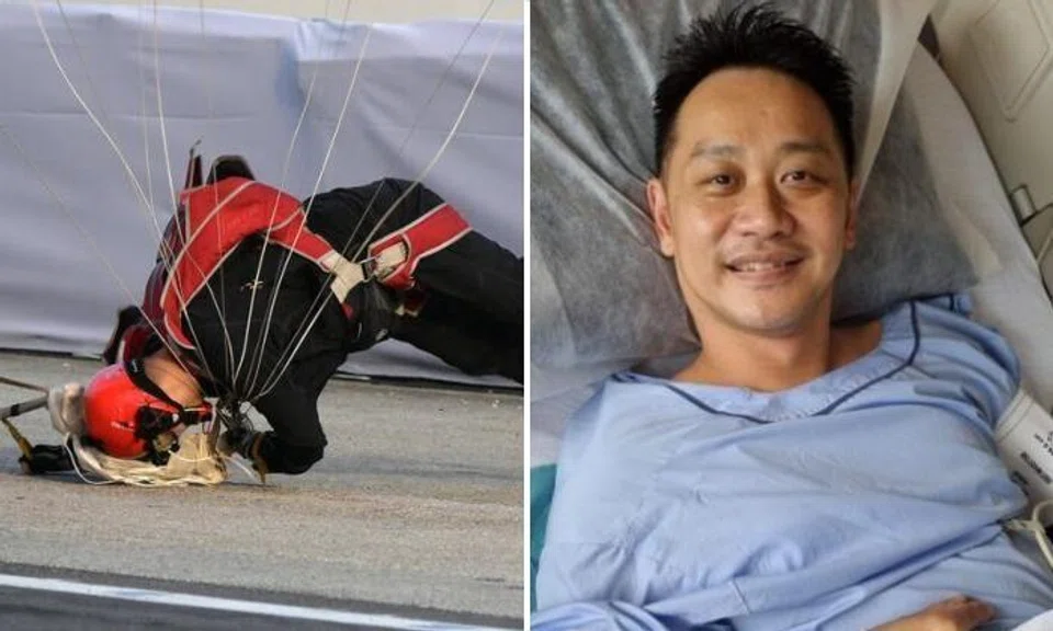 3WO Jeffrey Heng was the last of 10 Red Lions parachutists to land during this year's NDP at the Marina Bay floating platform. He was stretchered off but did not require surgery, and a full recovery was expected.