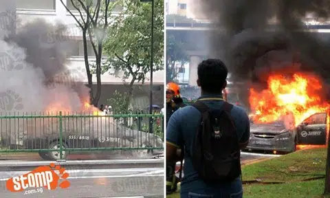SMRT taxi consumed by intense fire which melted its glass at Woodlands Avenue 6