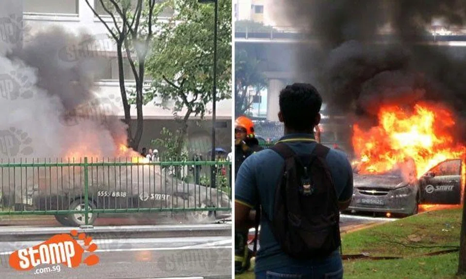 SMRT taxi consumed by intense fire which melted its glass at Woodlands Avenue 6