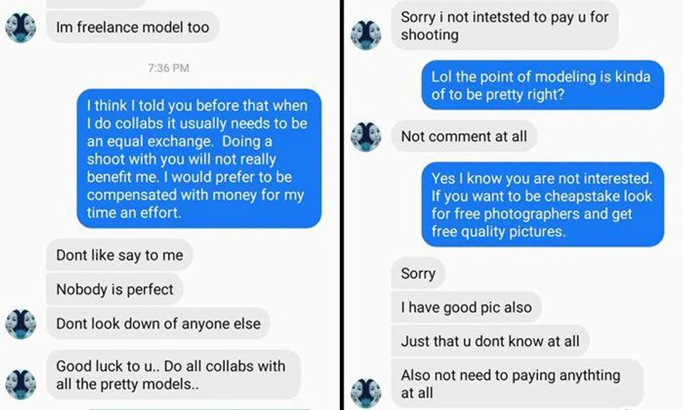 Freelance model asks photographer to shoot pics for free because "nobody is perfect"