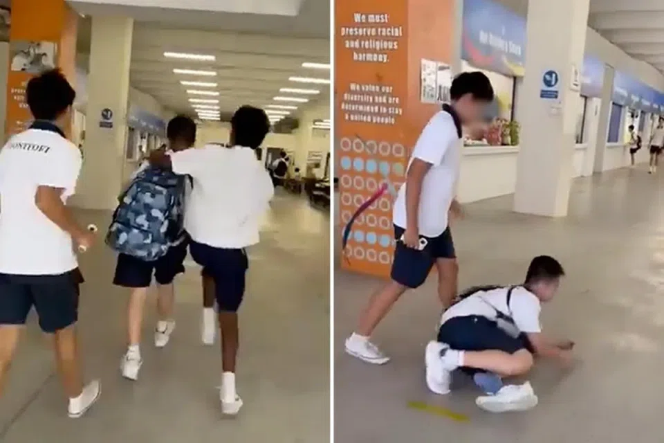 A recent video shows a Montfort Secondary School student being repeatedly pushed and kicked to the ground while other students cheer and encourage the aggressors.
