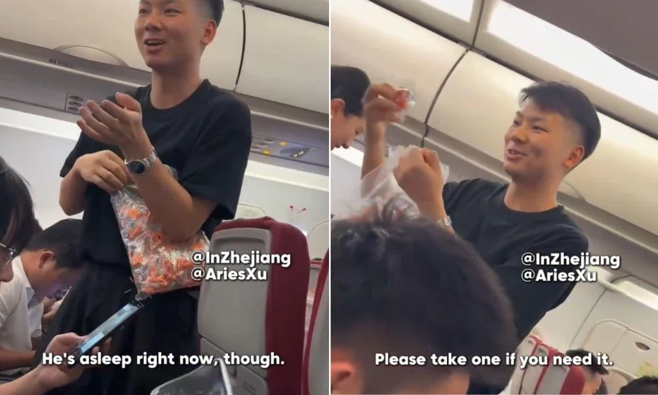 father distributes earplugs on plane