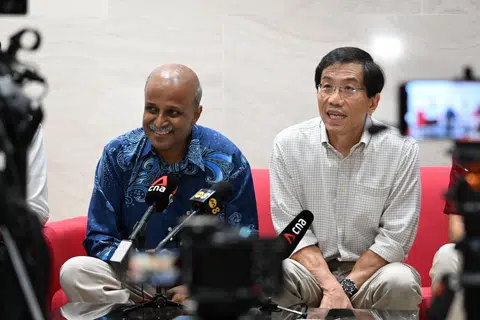 SDP party chief Chee Soon Juan (right) and chairman Paul Tambyah at SDP's press conference on May 18.