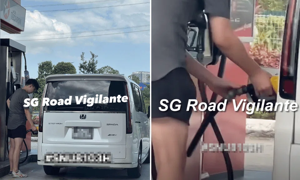 A collage of a man fuelling his vehicle, and a close up of his hands on the pump