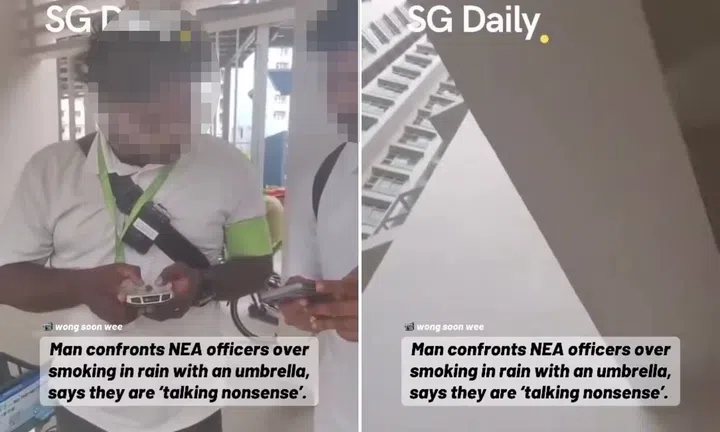 man confronts enforcement officers after smoking at void deck