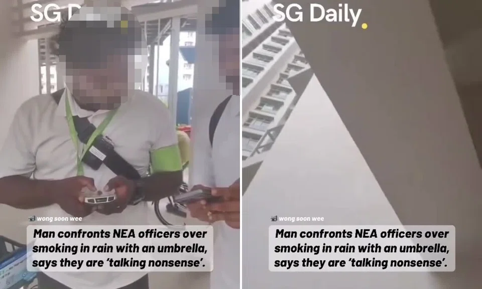 man confronts enforcement officers after smoking at void deck