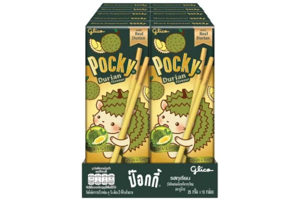 In Singapore, a bundle of 10 of the durian-flavoured Pocky snack can be found at NTUC FairPrice stores for $13.90.