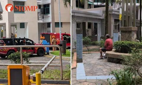 Man waits outside with dog as SCDF puts out fire in toilet of his ground-floor flat in Bukit Panjang