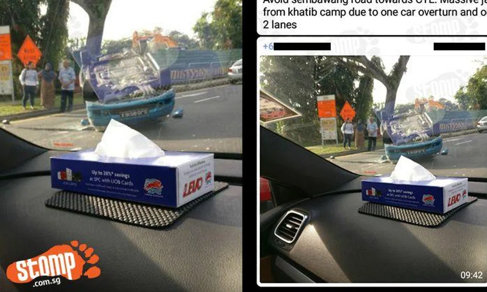Massive jam stretches from Khatib Camp after car overturns in accident on Sembawang Rd 