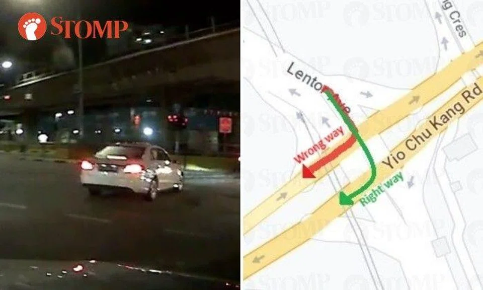 Vehicles are turning into the wrong lane towards oncoming traffic at the junction of Lentor Avenue and Yio Chu Kang Road.