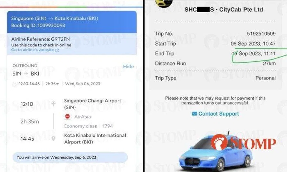 The Stomper had a flight departing at 12.10pm and CityCab he took arrived at the airport at 11.11am.