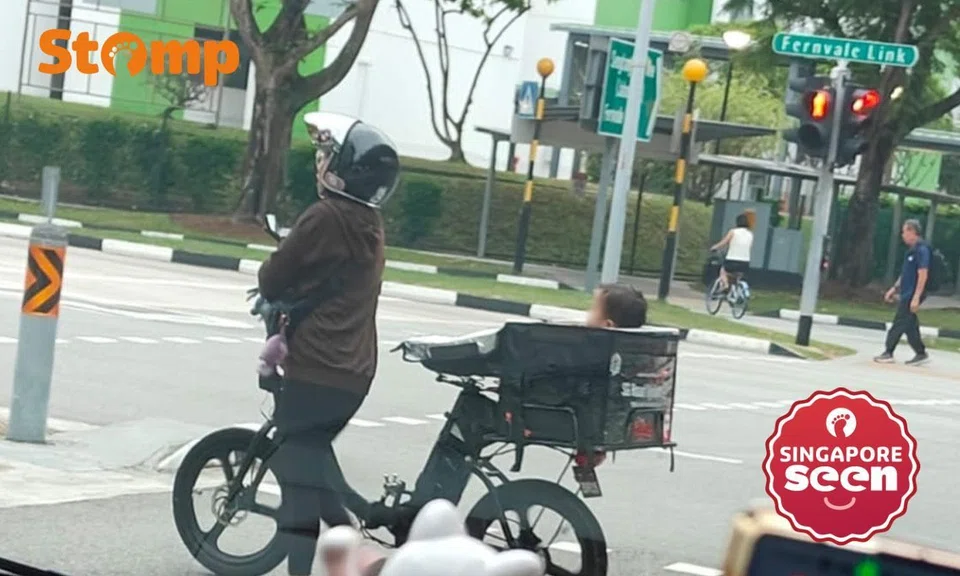 Baby in delivery bag on back of e-bike in Sengkang