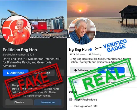 The official Facebook account for Defence Minister Ng Eng Hen features a verified blue checkmark (right).