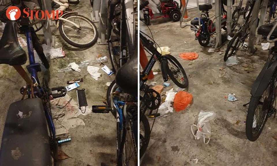 Stomper frustrated over 'very dirty' bicycle parking area at Yishun MRT station