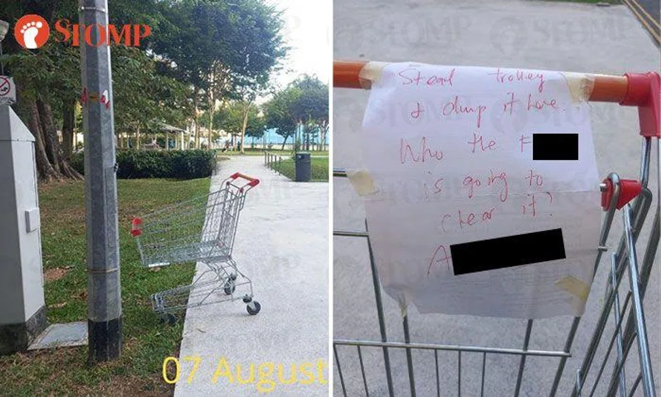 Passer-by leaves angry note on supermarket trolley abandoned at Somme Road park