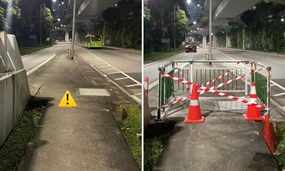 After a cyclist fell at a road divider between Telok Blangah Road and West Coast Highway, the Land Transport Authority (LTA) erected barriers to prevent pedestrians and cyclists from using it as a public path, which it is not meant for.