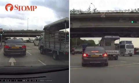 Lorry makes dangerous lane change, forcing Merc driver to step on brake suddenly to avoid accident