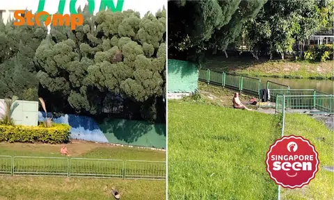 Naked elderly man sunbathing by Kallang River