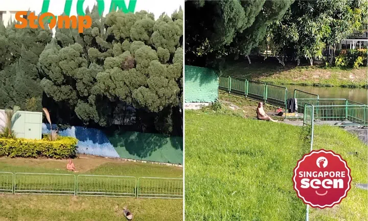 Naked elderly man sunbathing by Kallang River