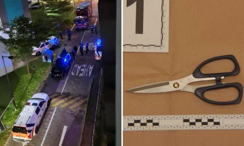 Lavan Saravana, 36, is said to have used a pair of scissors to stab 47-year-old Mohammad Faizal Khan Sherin Khan’s upper back at Block 338 Jurong East Avenue 1. Photos: Shin Min Daily News, Singapore Police Force