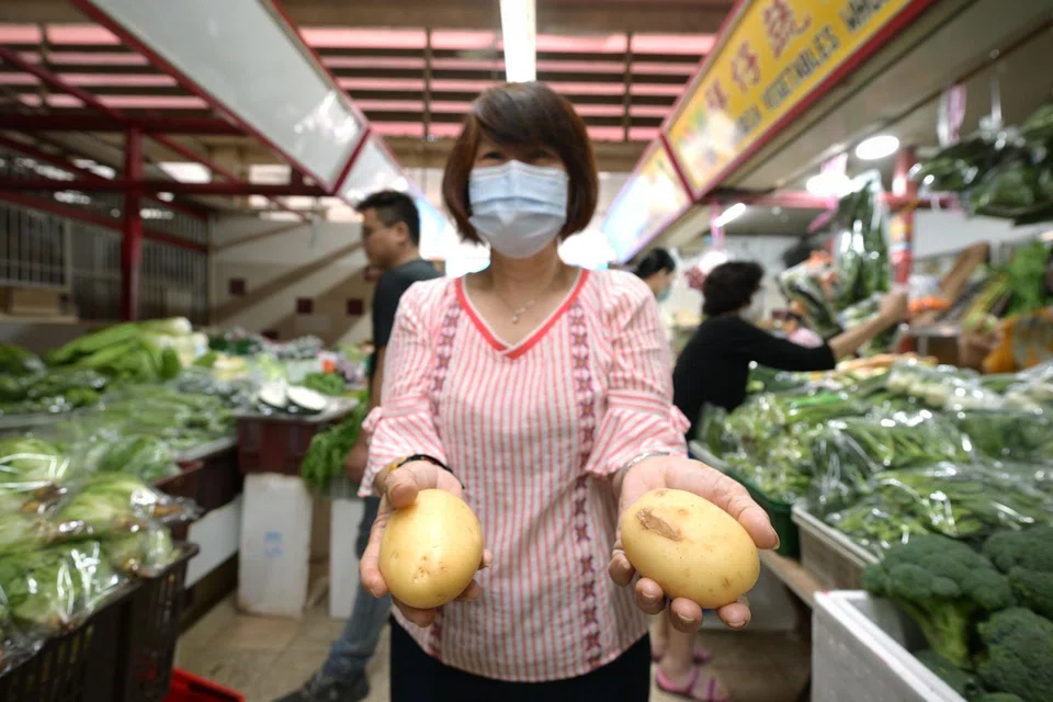 Madam Teo showing the difference between a good (left) and not-as-good potato.