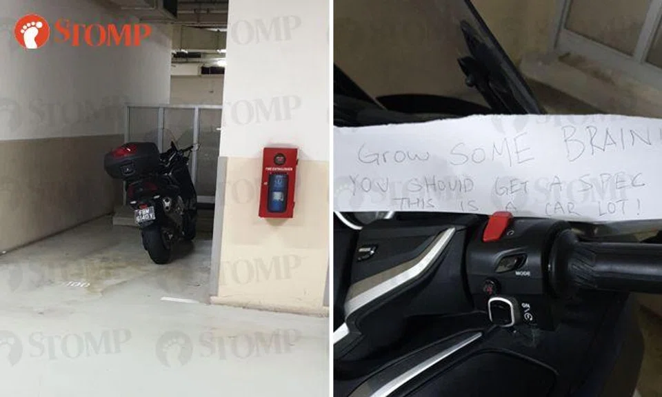 Driver leaves angry note for motorcyclist who parked in car lot at Pickering St: "Grow some brain"