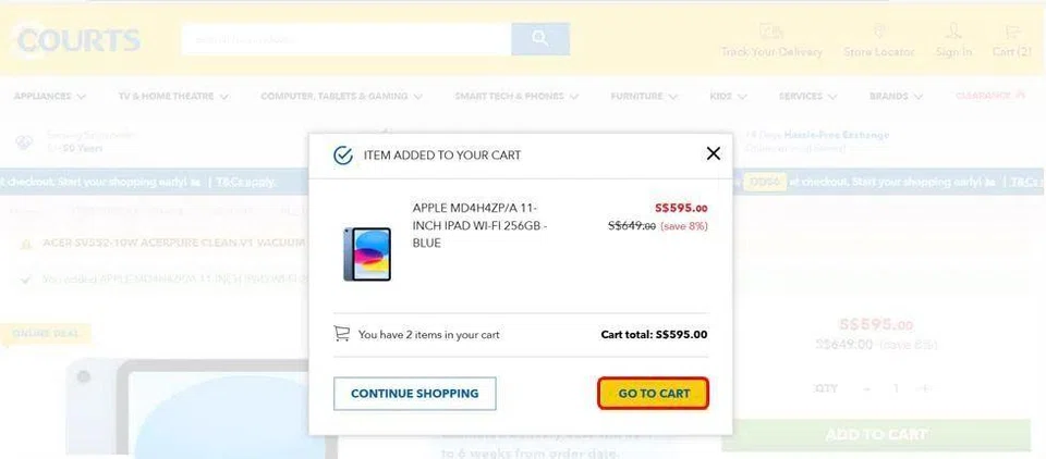 The screenshot shows what happens when the “add to cart” button is clicked. A window pops up showing that the iPad has been added to cart. Nothing is mentioned about an additional Acer vacuum cleaner being added in the window. The “cart total” also... PHOTO: CCS