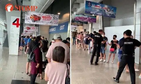 Long queues for the car show and travel fair at Singapore Expo on Saturday (Aug 13).