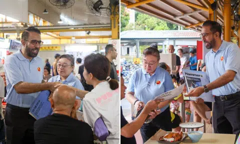 WP chief Pritam Singh greeting residents at Fengshan Centre on April 12.