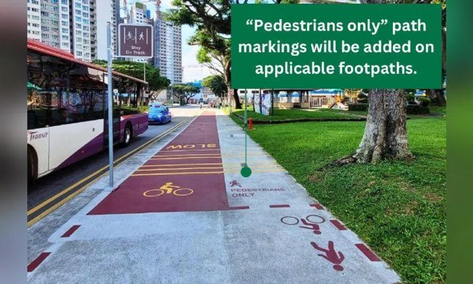 Footpaths situated next to more than 200km of cycling lanes will be turned into pedestrian-only paths progressively from the last quarter of 2024 in an effort to improve the safety of pedestrians. Photo: The Straits Times