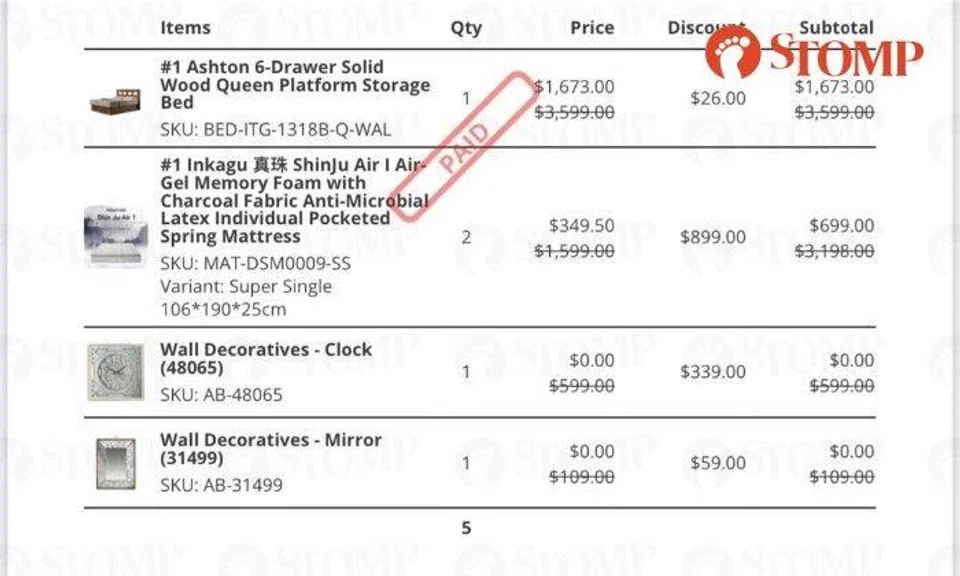 The Stomper paid a total of $2,372 for a bed frame and two mattresses on Oct 23 and got a clock and a mirror for free.